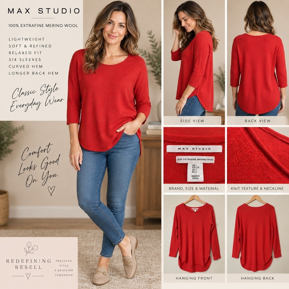 Max Studio Red 100% Extrafine Merino Wool 3/4 Sleeve High Low Sweater Large